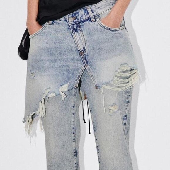 Women's Zara The Layered Denim Pant Blue Jeans Straight Leg Size 2 - Picture 7 of 12